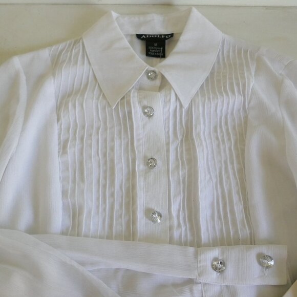 NWT Adolfo sheer white collared pintuck tunic blouse crystal buttons size M - Picture 5 of 9